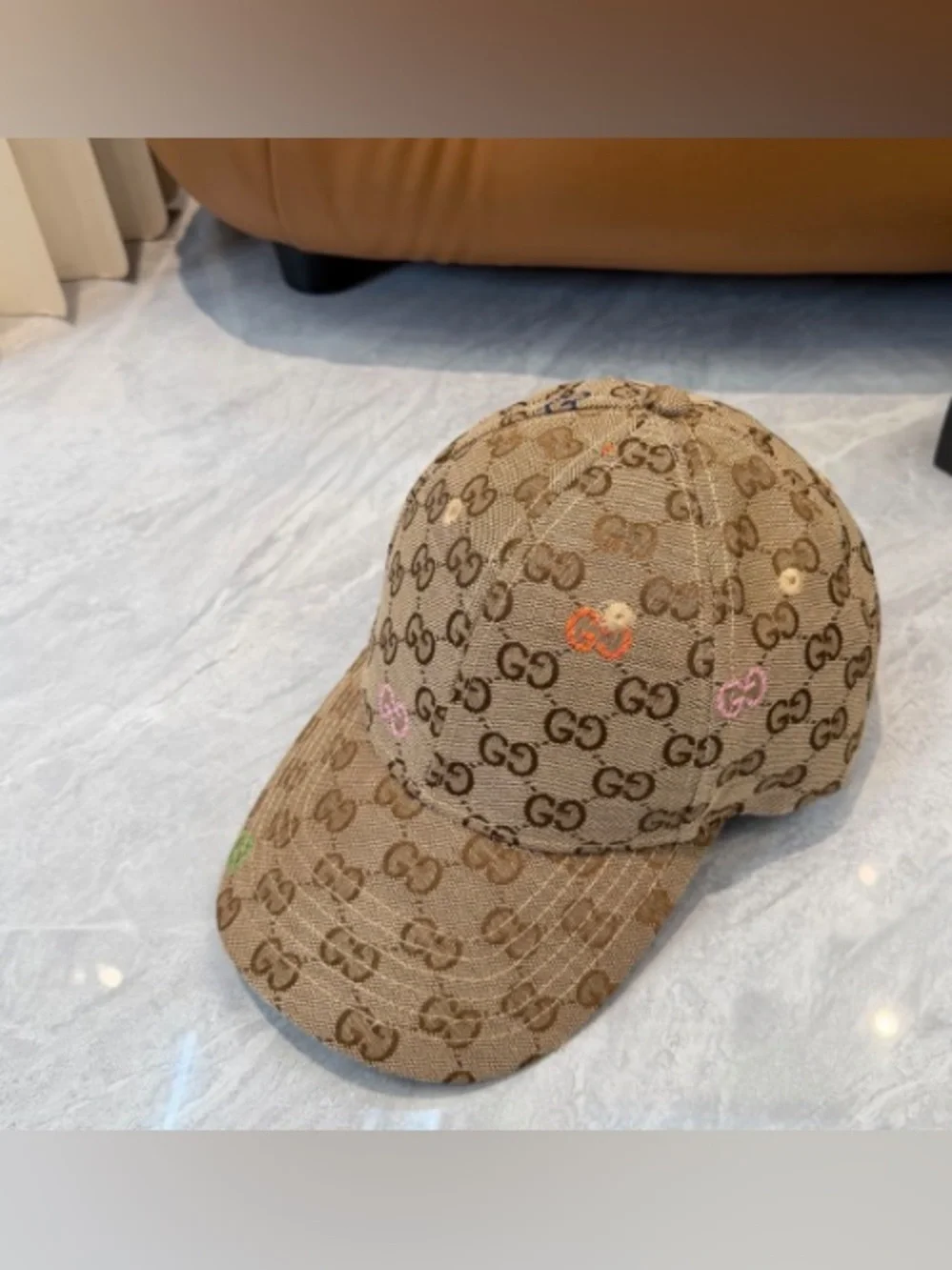 Gucci Kids Beige GG Monogram Baseball Cap with Multicolor Embroidery